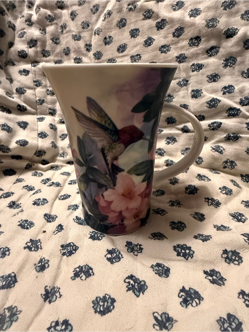 Burton Hummingbird Floral Ceramic Mug — White with Pink & Green Accents